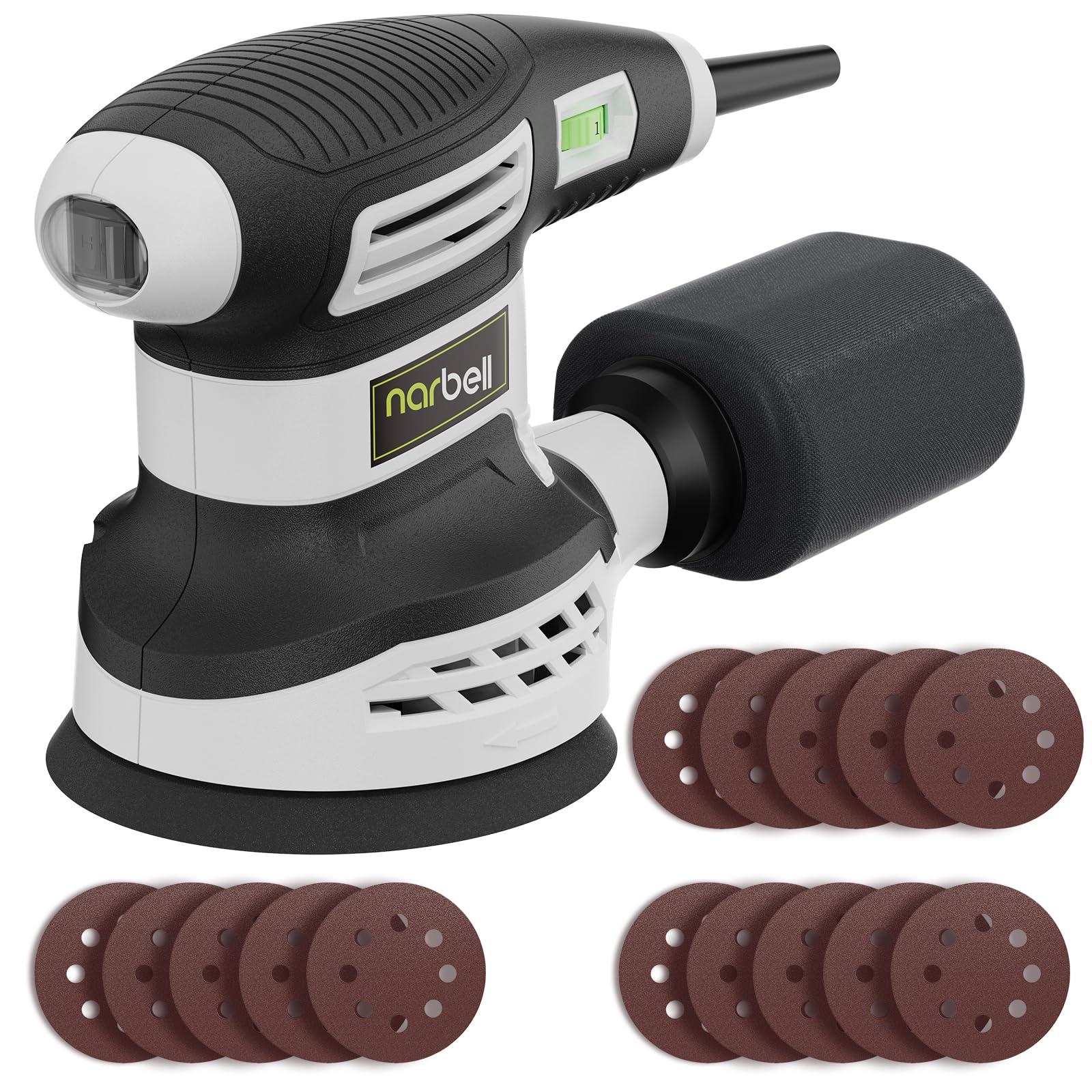 Photo 1 of NARBELL Orbital Sander 3.0AMP(360W),14000RPM Random Orbit Sander Tool with 6 Variable Speeds, 5" Electric Palm Sander Kit with Dust Bag,15pcs Sandpapers for Woodworking & Sanding, Light Gray