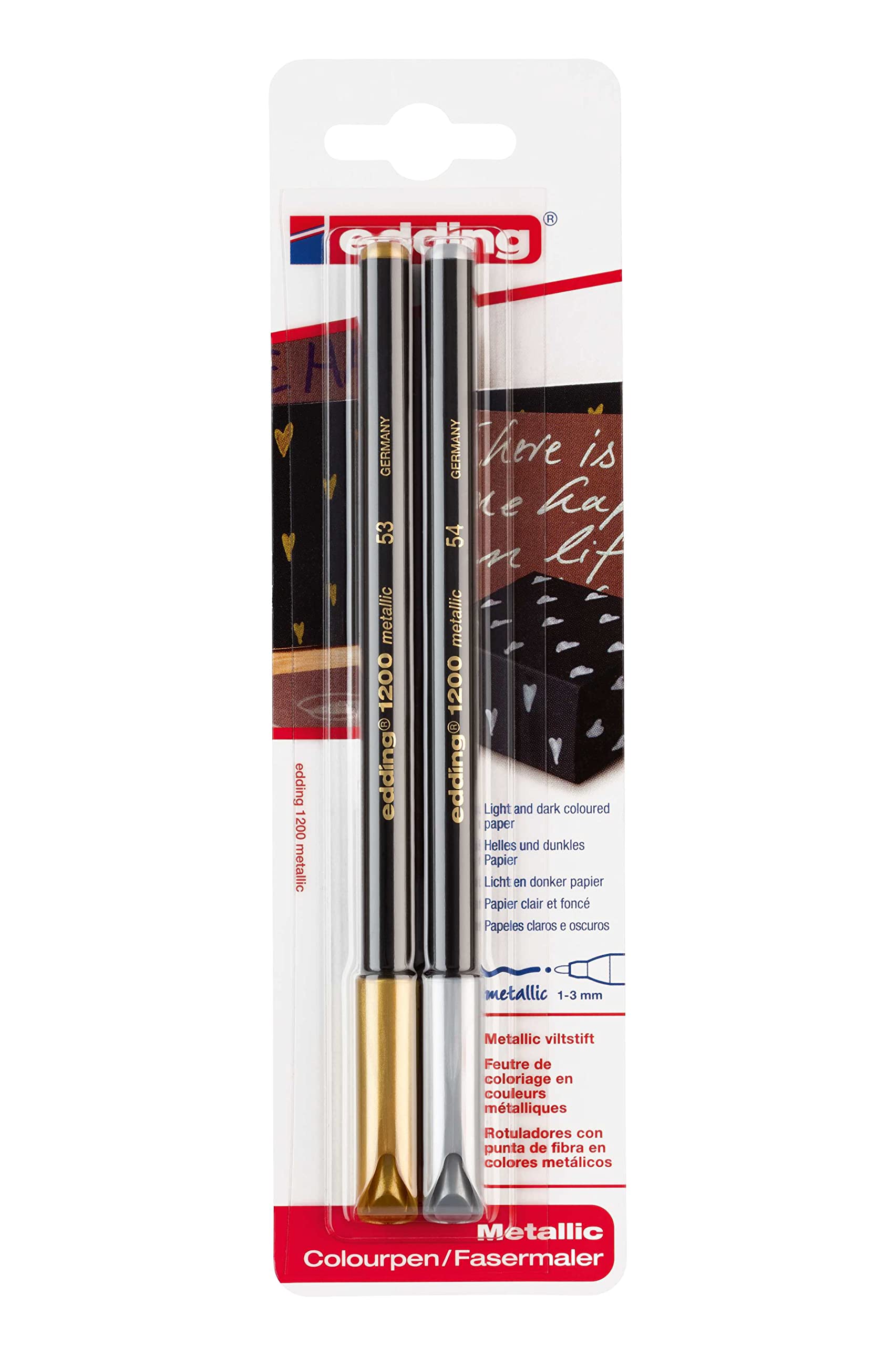 edding 1200 metallic colour pen - gold, silver- 2 pens - round nib 1-3 mm - glitter metallic markers for writing, drawing and sketching - for guests books,card making,DIY photo albums and scrapbooking