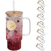 erichbow 32oz Ribbed Glass Cup with Handle Bamboo Lid and Straw, Glass Tumbler, Iced Coffee Cups Hot/Cold Drinks