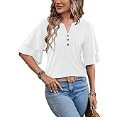MixShe Tops for Women Split V Neck Button Ruffle Sleeve Casual Summer Lightweight Blouses