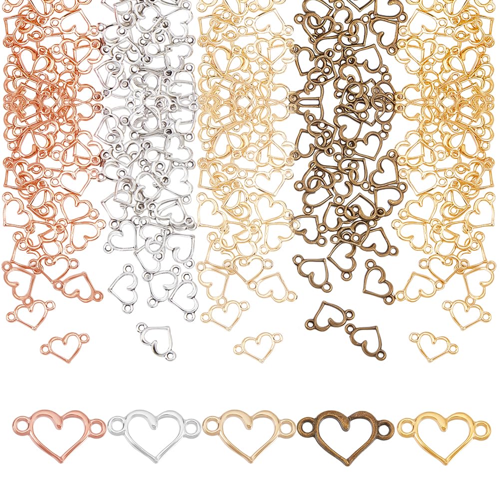 AHANDMAKER 150 Pcs Heart Shape Connectors Charms, 5 Color Alloy Heart Link Charms with Double Loops, Hollow Connector Pendants for DIY Jewelry Bracelets Necklaces Keychain Making, 8x14.5mm