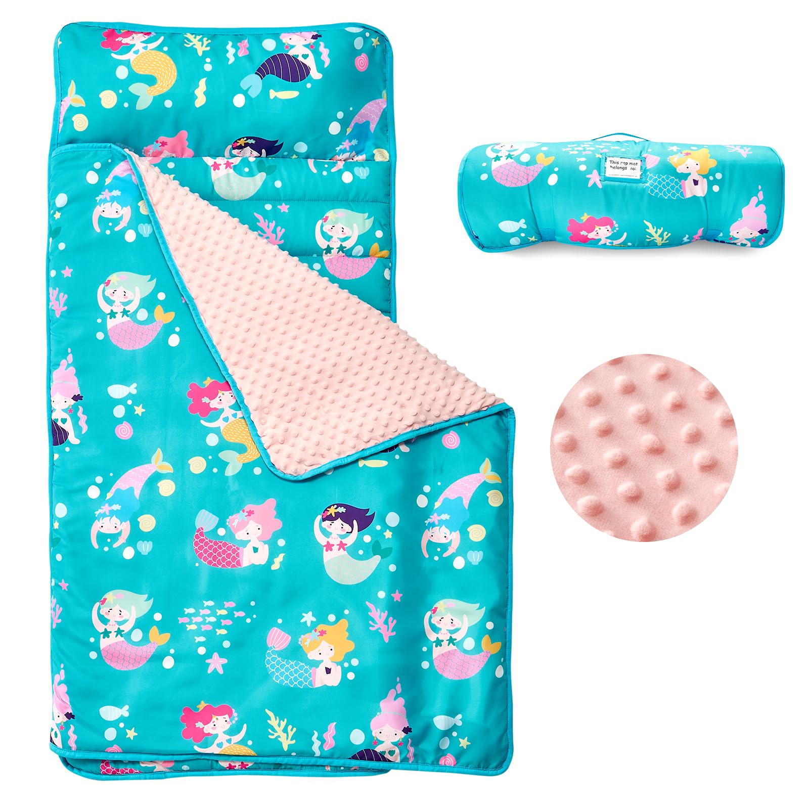 Photo 1 of beeweed Toddler Nap Mat, Rollup Design Kid Sleeping Mat with Removable Pillow & Minky Blanket, Toddler Sleeping Bag for Daycare Preschool Travel Camping, Mermaid