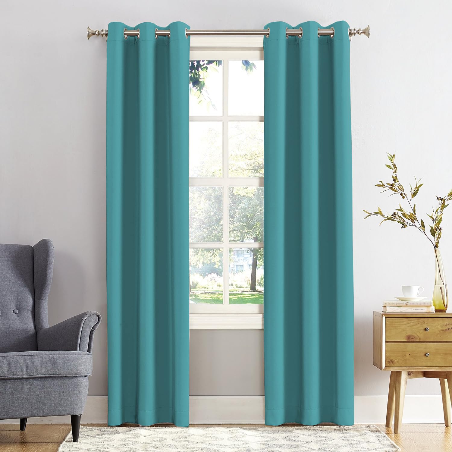REHAN & CO Blackout Curtains for Bedroom Super Soft Thermal Insulated Black Out Eyelet Curtains with Tie Backs for Living Room, Kitchen Turquoise (W46 x L90 Inch 2 Panels)