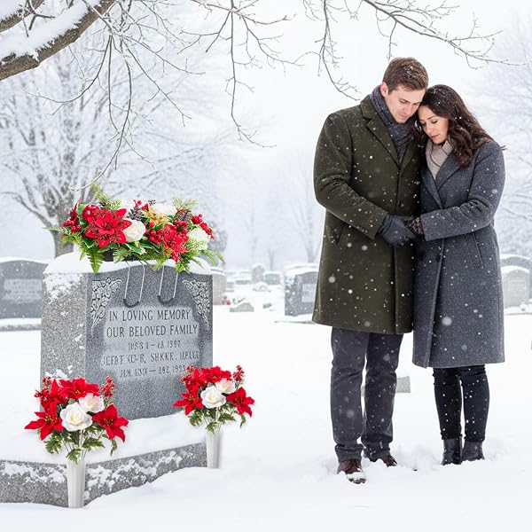 GIEGXIN 3 PCS CHRISTMAS HEADSTONE FLOWER SADDLE CEMETERY FLOWERS FOR GRAVE RED GOLD POINSETTIA BERRY ROSES ARTIFICIAL MEMORIAL BOUQUETS WITH VASE OUTDOOR GRAVEYARD DECORATION FOR TOMBSTONE HEADSTONE
