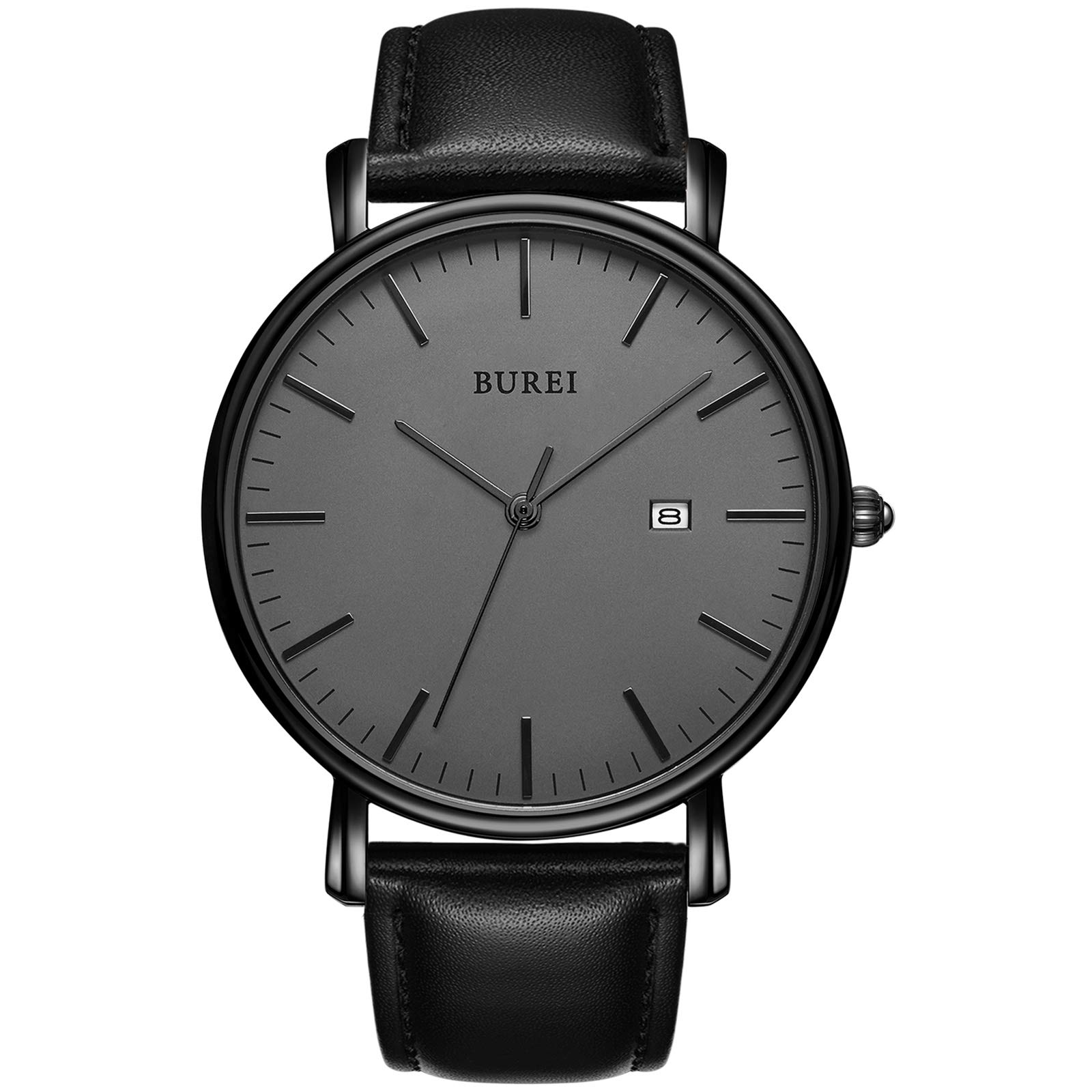 BUREI Men's Watches, Classic Analogue Dial with Date Japanese Quartz and Ultra-Thin Stainless Steel Mesh Band (Dark Grey Black, Leather)