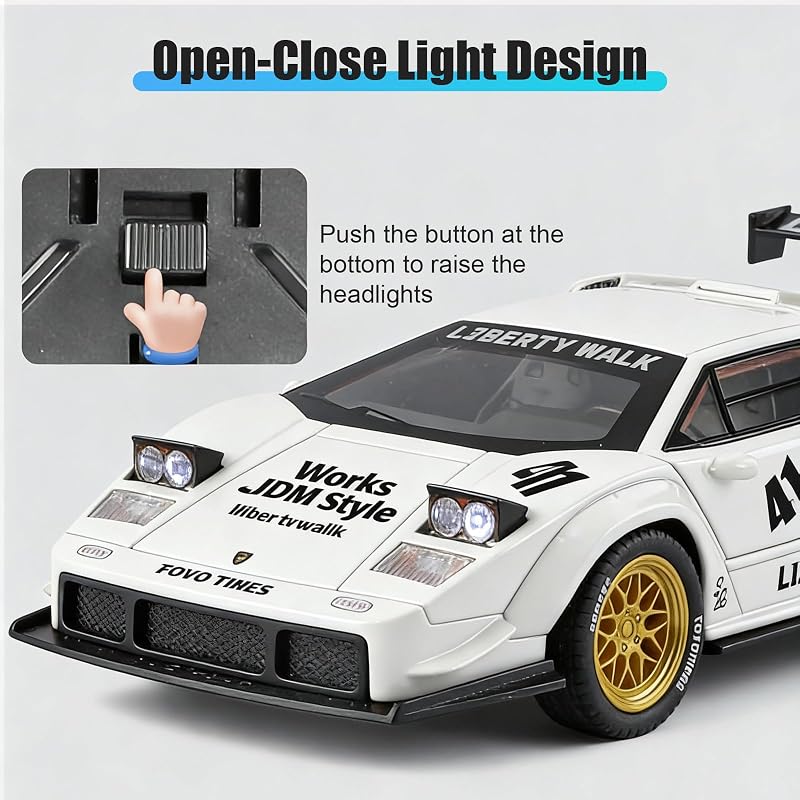 Modelo de Carro Lamborghini LBWK Countach 1/32, Veículos de Retirada de Liga de Zinco Modelo de Carro com Som e Luz para Colecionadores e Crianças Presente de Aniversário de 3 Anos (Branco)