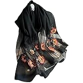 LumiSyne Silk Scarf - Chiffon Scarf With Rose Embroidery, Transparent Tulle, Lightweight Long Shawl Wrap For Spring Autumn