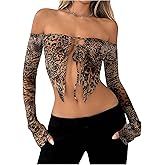 SHENHE Women's Y2K Leopard Print Off The Shoulder Long Sleeve Tie Front Crop Tops Festival Outfits