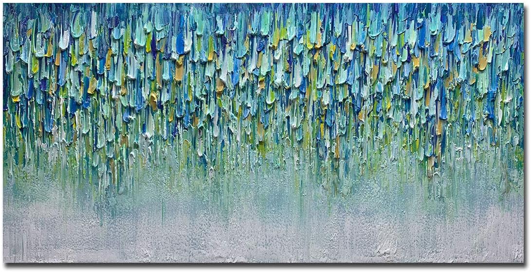 Paintings - AZAVY Paintings,24x48Inch 100% Hand Painted Modern Art Heavy Texture Blue Green Aqua Abstract Oil Painting Colorful Artwork Wrapped Framed Wall Art Ready to Hang for Living Room Bedroom Office