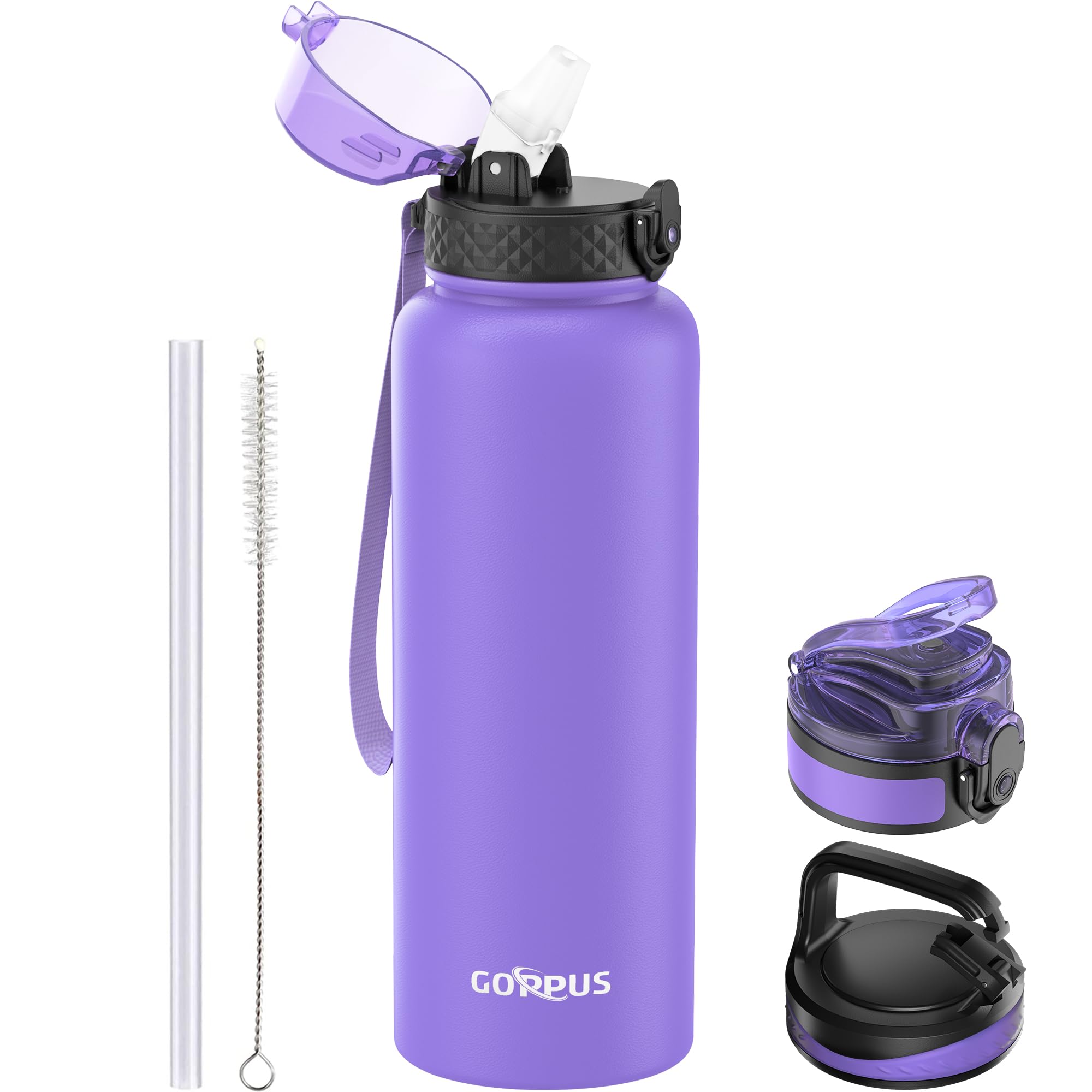 GOPPUS 1.2L/40oz Stainless Water Bottle with Straw Double Wall Insulated Bottles with Strap Large Vacuum Thermal Flask Leakproof Keep Cold Drinks Bottles with Flip Top Lid for Men Women BPA Free