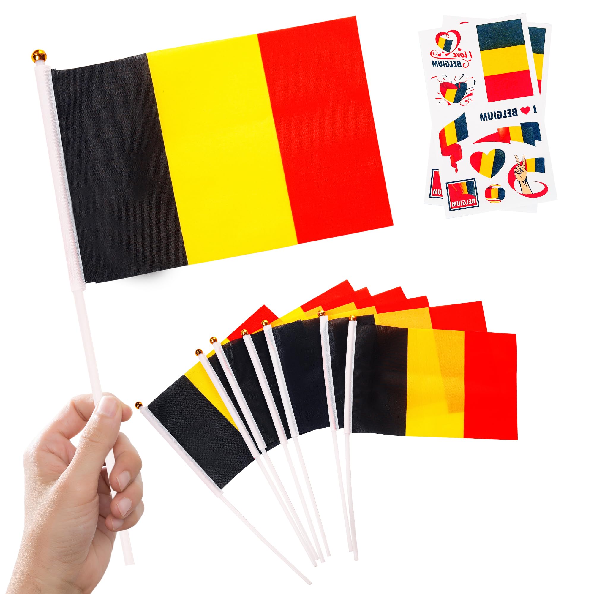 Belgium Tournament 2026 Flags Decorations 10pcs Small Belgium Flags on Sticks & 2pcs Tattoos, Mini Flags Hand Held Flags for football fans Game Day National Day Pub Party Decorations