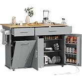 HQZX Rolling Kitchen Island with Trash Can Storage &amp; Drop Leaf, Grey | Large Mobile Island Table with Power Outlet, Movable &amp; Lockable Wheels, 2 Drawers &amp; Storage Cabinet, Towel Rack &amp; Spice Rack