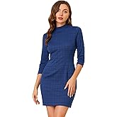 Allegra K Women's Mock Neck 3/4 Sleeve Slim Check Office Work Plaid Dress