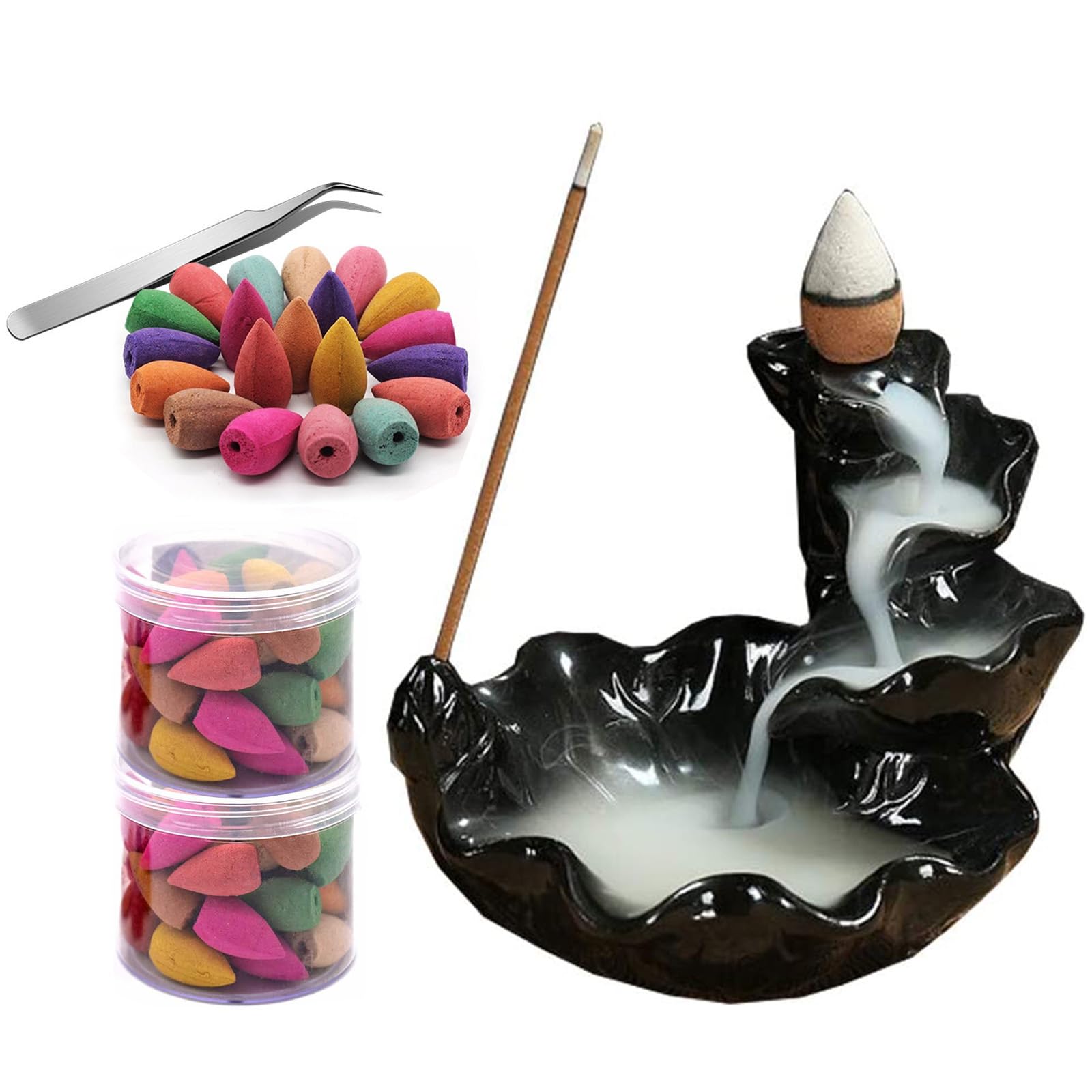 Guador Backflow Incense Burner Glaze with 80 Pcs Free Different Fragrance Incense Cones and Stainless Steel Tweezers Backflow Censer for Home Office Bedroom Yoga Decoration Best Gift (Black)
