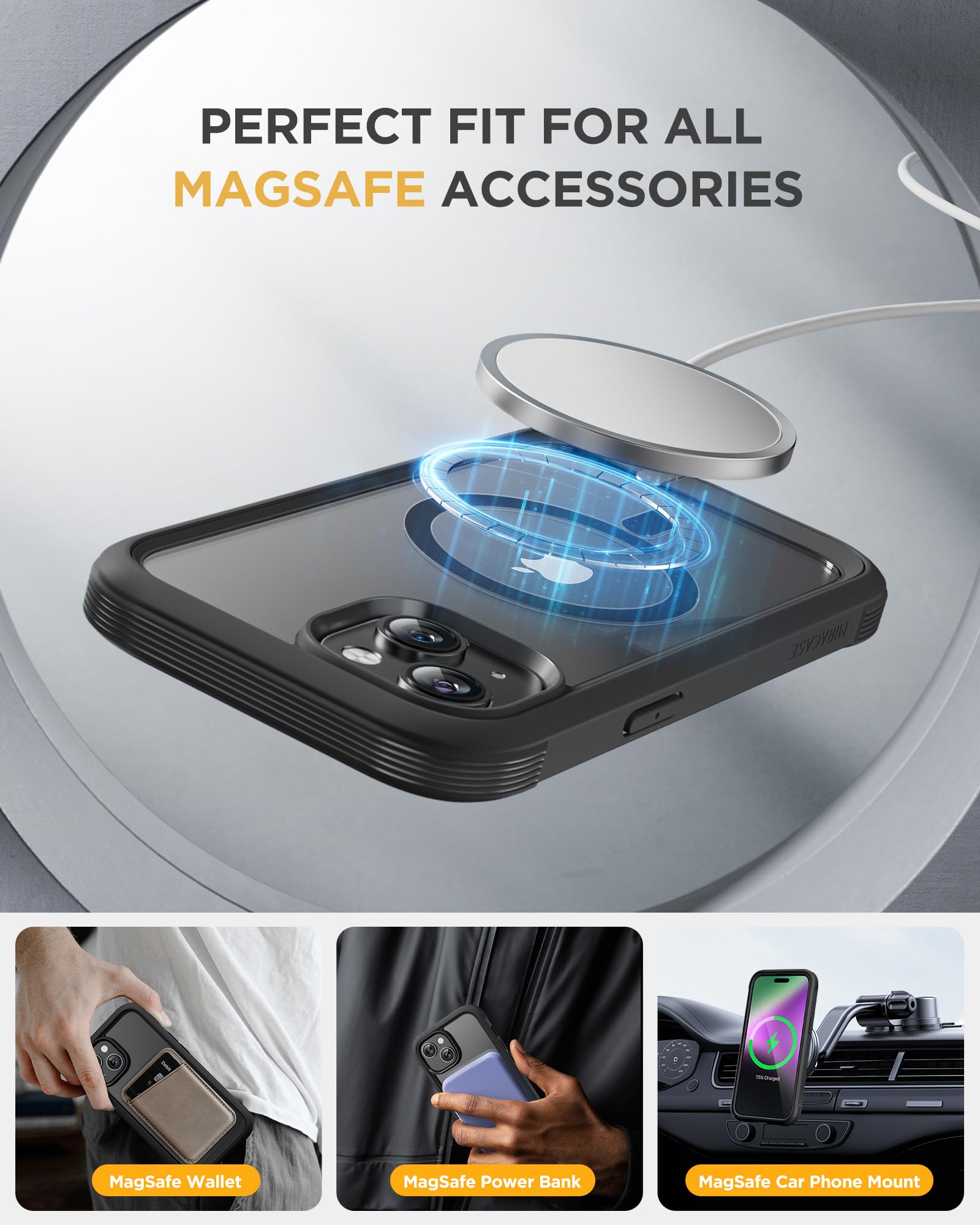 Miracase Magnetic Case for iPhone 15 Case 6.1-Inch, Full Body Bumper Clear Back Cover Compatible with MagSafe and Built-in 9H Tempered Glass Screen Protector + Camera Lens Protector (Black)