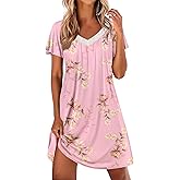 Ekouaer Womens Nightgown Lace Trim V Neck Sleep Shirt Flare Short Sleeve Night Gown Pleated Nightshirt Ladies Nightdress