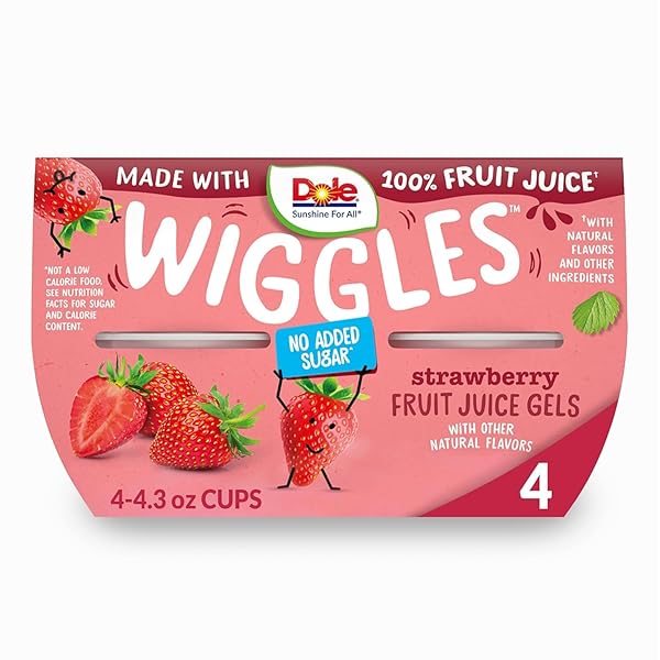 DOLE WIGGLES NO SUGAR ADDED STRAWBERRY FRUIT JUICE GELS SNACKS, 4.3OZ 4 TOTAL CUPS, GLUTEN & DAIRY FREE, BULK LUNCH SNACKS FOR KIDS & ADULTS