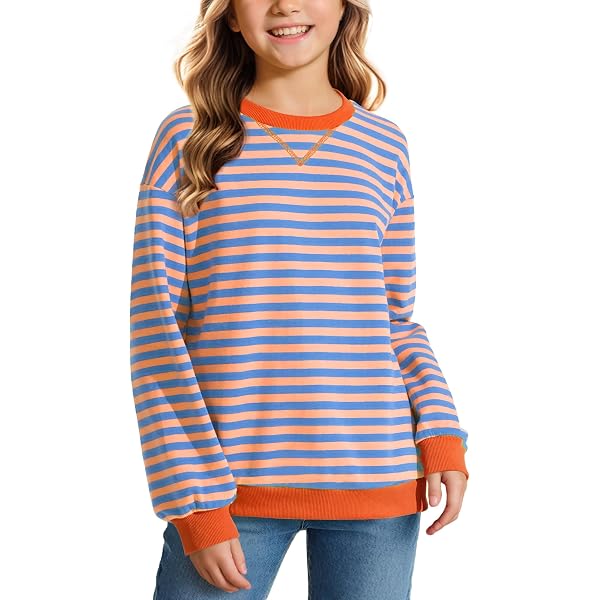 Haloumoning Girls Striped Sweatshirt - Soft Long Sleeve Pullover For Kids - Casual Crewneck Top For School & Play