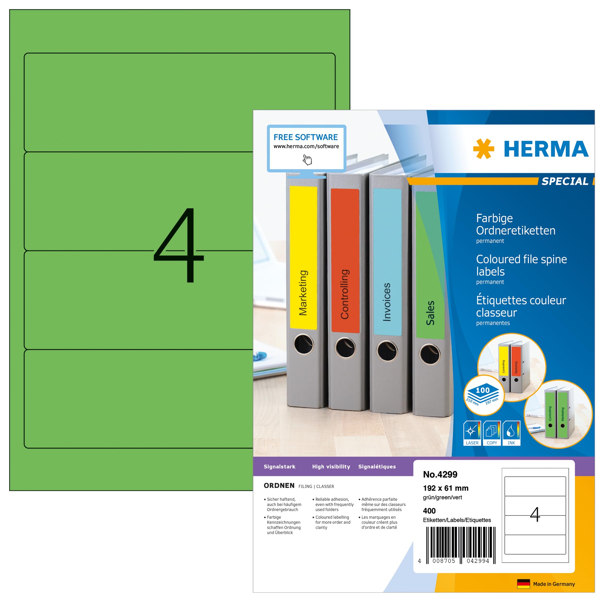 HERMA Self Adhesive Spine Labels, 4 Labels per A4 Sheet, 100 Sheets, 192 x 61 mm, 400 Labels, Blank Lever Arch File Folder Labels Stickers, Sticky Labels for Laser & Inkjet Printer, Green