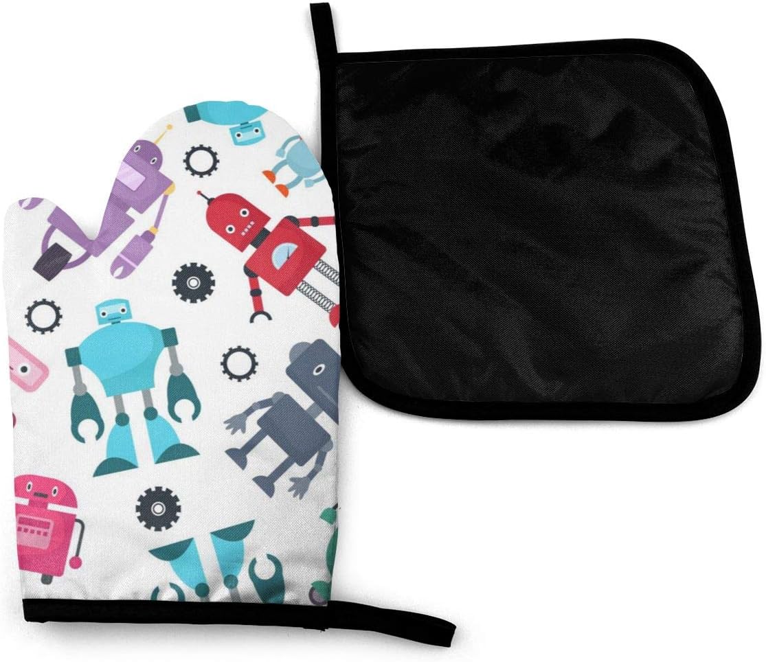 Lamefly Cute Robots Oven Mitts and Pot Holder Set Heat Resistant Cotton Hot Pad Non-Slip Microwave Gloves for Baking and Kitchen