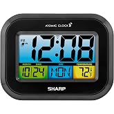 Sharp Atomic Alarm Clock with Color Backlit LCD and Adjustable Brightness | Atomic time accuracy; Always-on backlight; Adjustable brightness; Front-view LCD; Bedroom, office or kitchen