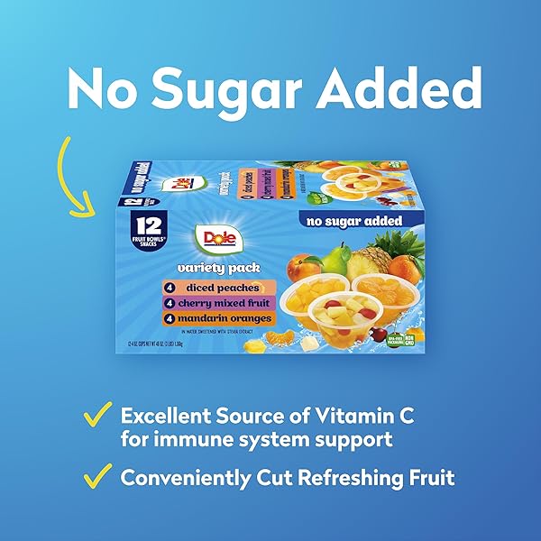 DOLE DICED PEACHES, MANDARIN ORANGES, AND CHERRY MIXED FRUIT WITH NO SUGAR ADDED VARIETY PACK – DOLE FRUIT BOWLS SNACKS – 4 OZ BOWLS – 12 PACK