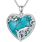 Reaii Natural Turquoise Heart Necklace for Women 925 Sterling Silver Filigree Heart Pendant with Genuine Turquoise Jewelry Gifts