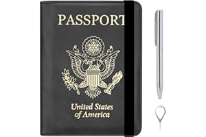 HOTCOOL Passport Holder UPGRADED VERSION Leather Passport Accessories for Women Men Wallet Travel Cover Case, with 11 Pockets, Pen and Pin, RFID Blocking and Elastic Strap, Gold Black