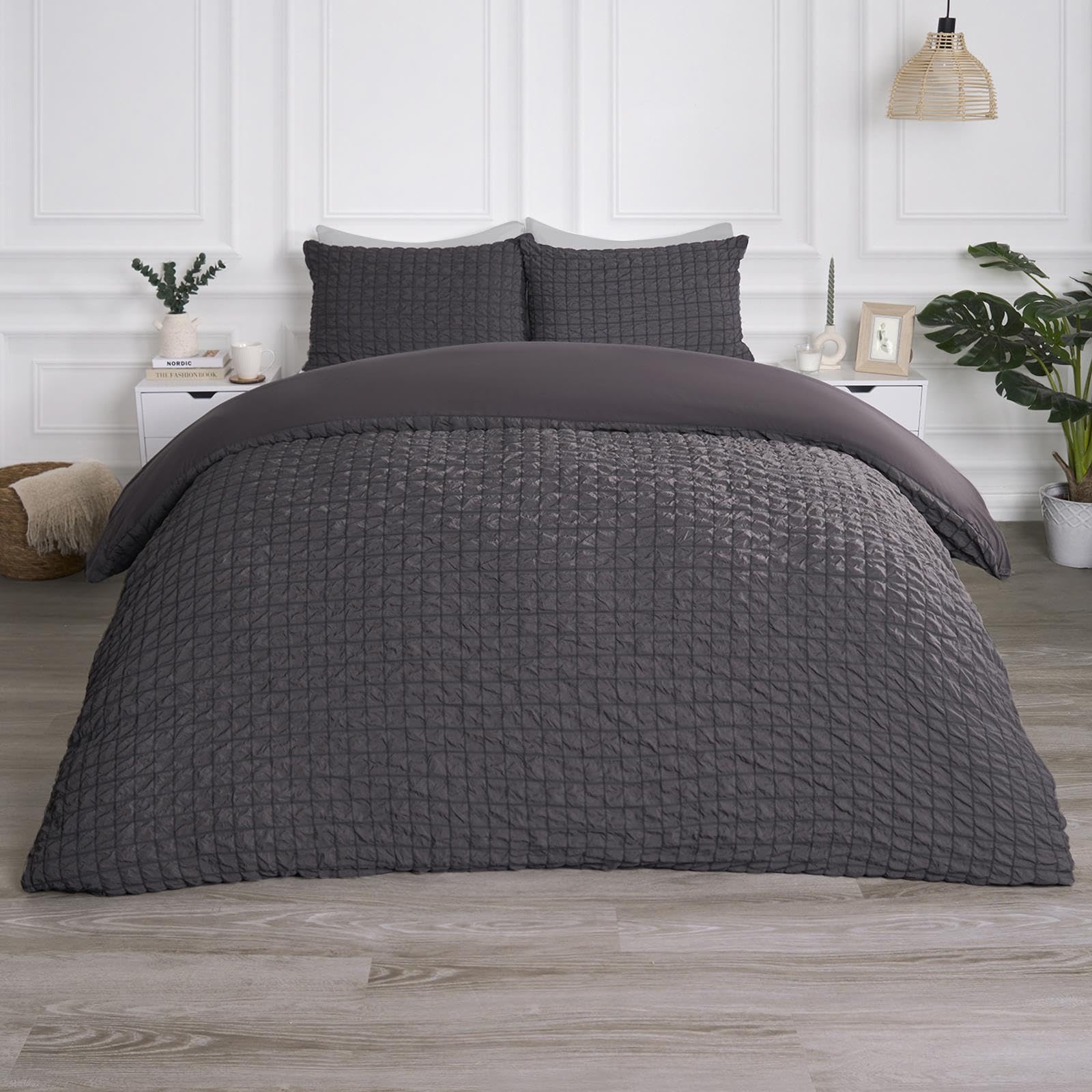 OHS Grey Bedding Double Duvet Set, Geometric Seersucker Duvet Cover Luxurious Quilt Cover Embossed Waffle Bedding Double Bed Set with Matching Pillowcases, Charcoal
