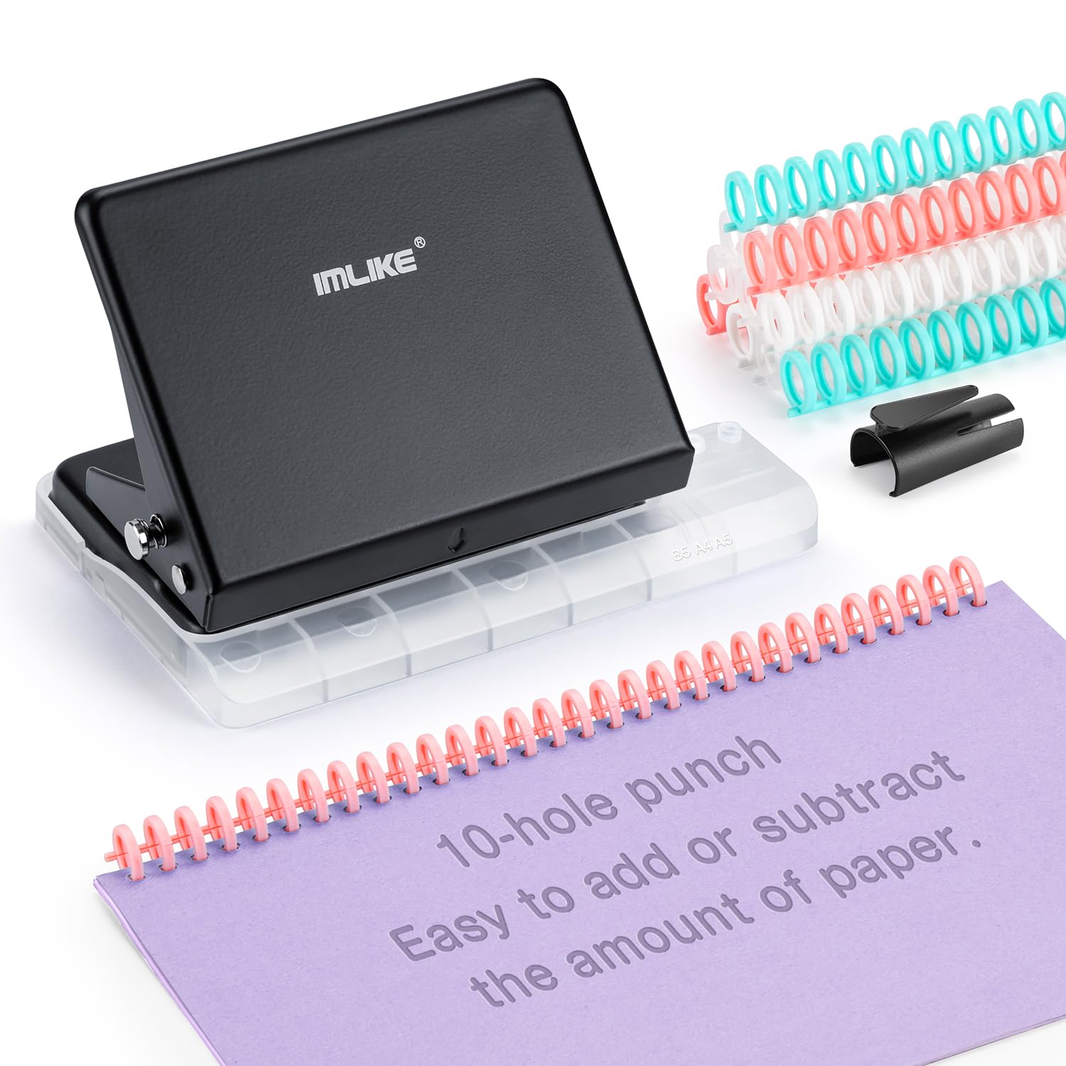Photo 1 of IMLIKE 10-Hole Binding Machine for Planners - Metal Manual Binding System with 10 Multi-Color 30-Hole Loose Leaf Binding Spines - Punches 26 Holes on B5, 30 Holes on A4, 20 Holes on A5 Paper - Black