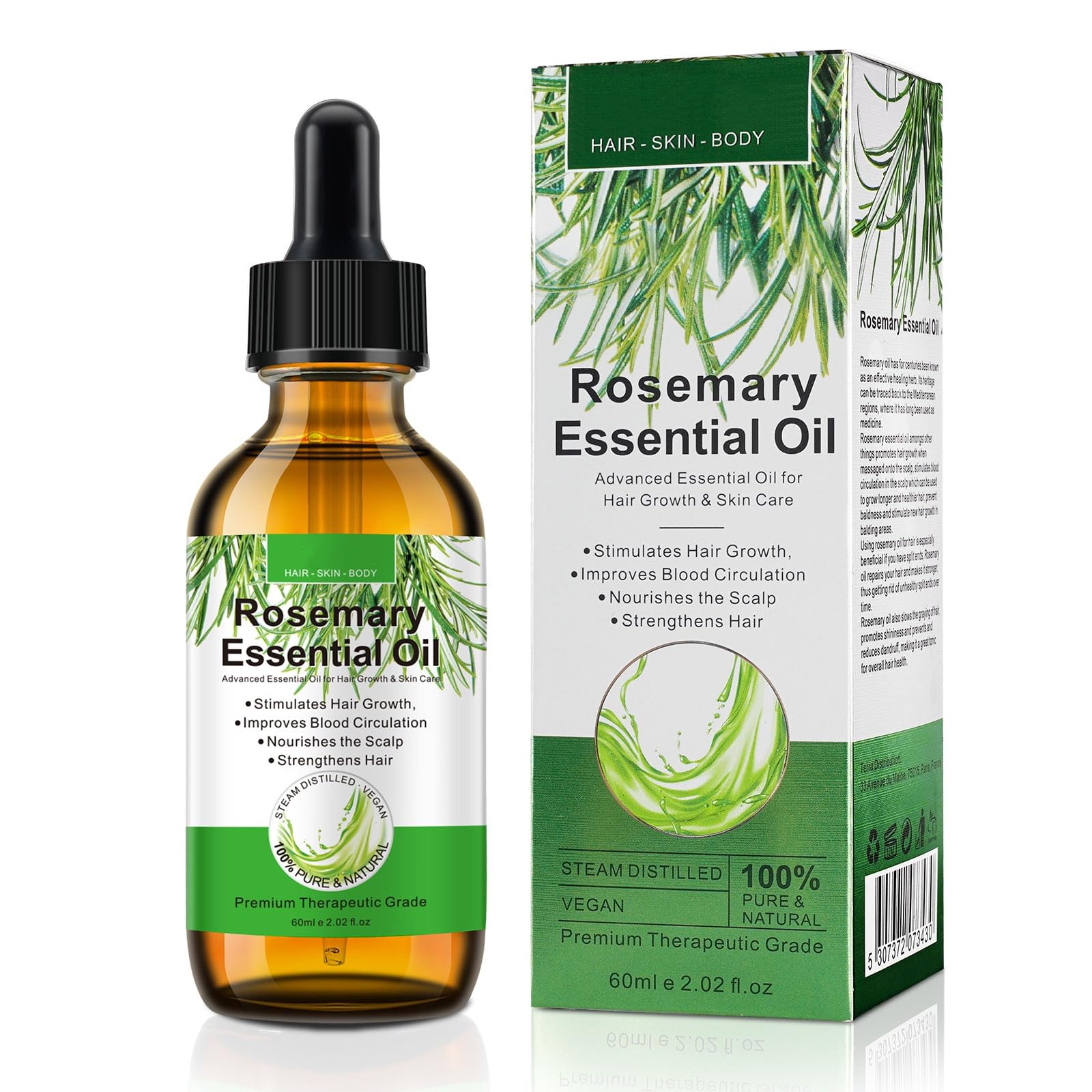 Rosemary Oil for Hair Growth & Skin Care 60ML-100% Pure For Hair Loss, Eyebrow and Eyelash, Nourishe Strengthen Hairs, Stimulates Hair Growth for Men Women