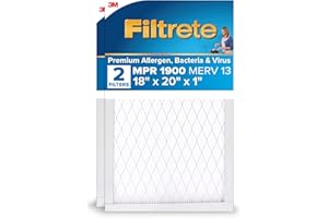 Filtrete 18x20x1 AC Furnace Air Filter, MERV 13, MPR 1900, Premium Allergen, Bacteria & Virus Filter, 3-Month Pleated 1-Inch Electrostatic Air Cleaning Filter, 2-Pack (Actual Size 17.81x19.81x0.81 in)