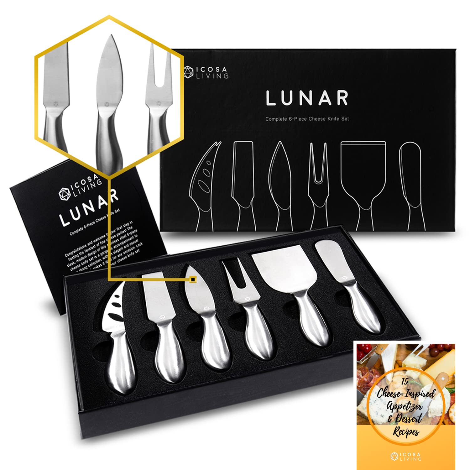 Photo 1 of ICOSA Living Lunar 6-Piece Cheese Knife Set - Premium Stainless Steel Cheese Knives Collection - Charcuterie Board Accessories Gift Ready w/ 15 Festive Recipes