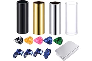 HAULONDA Set of 4 Medium Guitar Slides (Include 3 Colors Stainless Steel, 1 Pieces Glass), 5 Pieces Guitar Picks (Ramdon Color) and 4 Pieces Plastic Thumb & Finger Picks in Metal Box