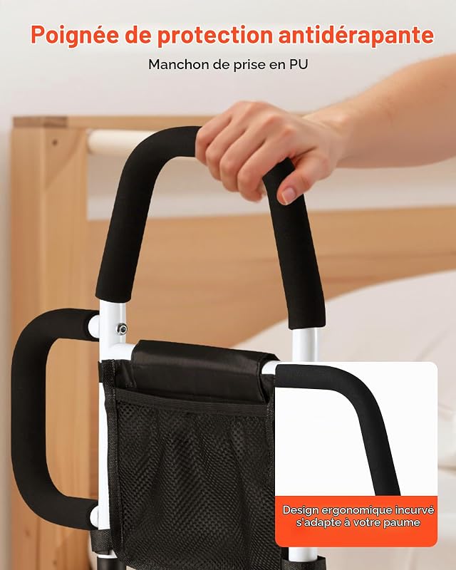 Barrière de lit Personnes âgées, Barre d’Appui pour lit, avec poignée latérale et Main Courante en PU, Hauteur réglable, en Tube d'acier au Carbone, Rampe d'assistance de Chevet pour Patients