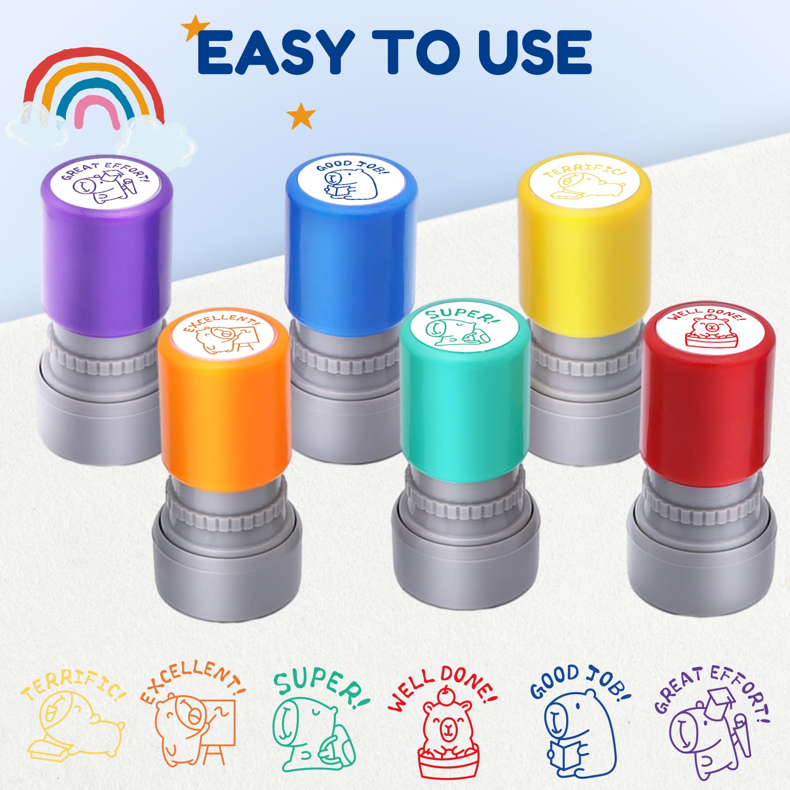 6-Piece Set of Teacher Stamps - Kapibala Cute Motivational Scoring for Grading Teacher Stamp Self Inking Stamp Behavior Stamps for Teachers Grading