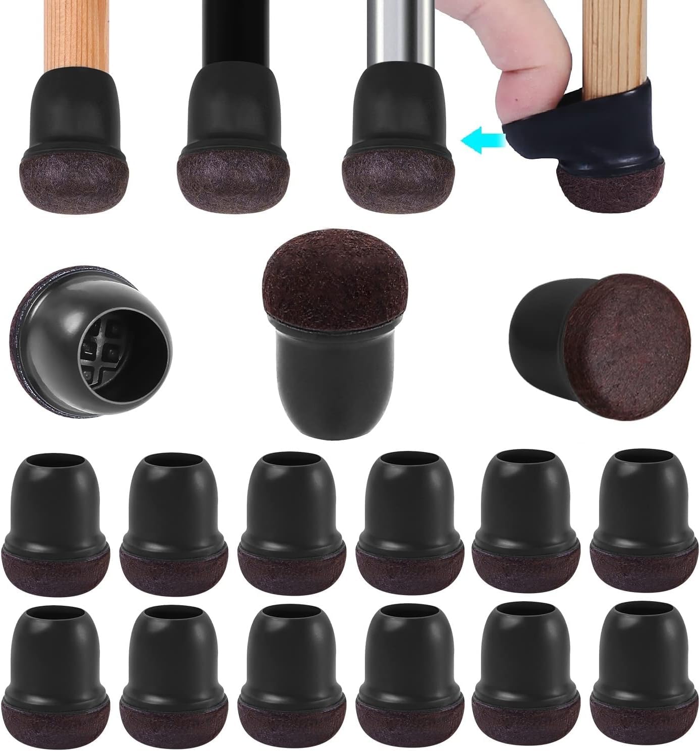 RCHYFEED 24PCS Silicone Chair Leg Caps Floor Protectors 0.75-1.25 inch, Black Chair Leg Covers with Felt Pads Sliders, Rubber Furniture Leg Caps Cups Cover for Protecting Hardwood Floor from Scratches