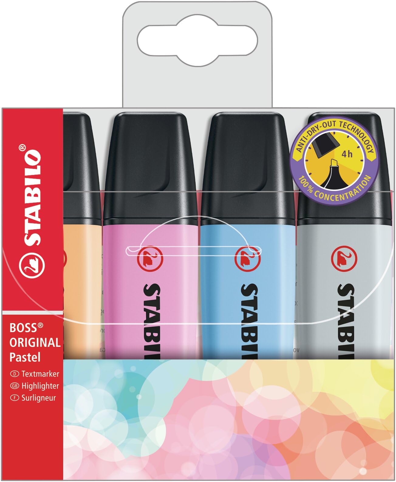 STABILO BOSS ORIGINAL Pastel - Highlighter - Pack of 4 - Pale Orange, Cloudy Blue, Frozen Fuchsia, Dusty Grey