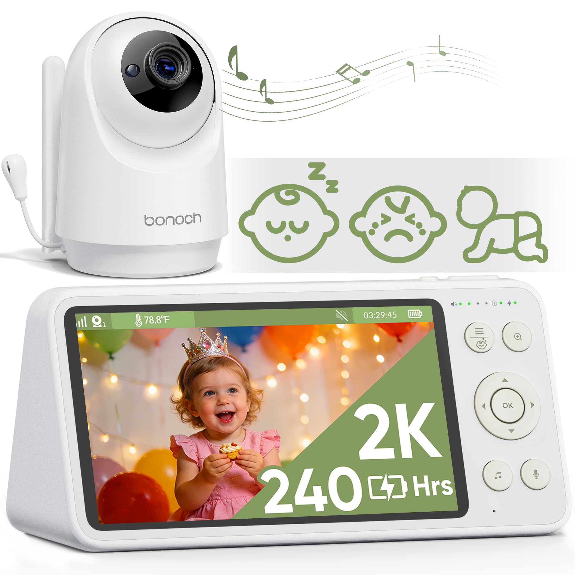 Photo 1 of bonoch 2K Baby Monitor with Camera and Audio, 5.5" Smart No WiFi Video Baby Camera, 240h Battery, 1600ft Long Range, Crying/Motion/Turnover Detect, Hack Proof, Night Vision, White Noise, Shower Gifts