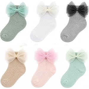 Nanmuir Toddler Girls Ankle Socks with Tulle Bow, Breathable Mesh, Multicolor, 6 Pack