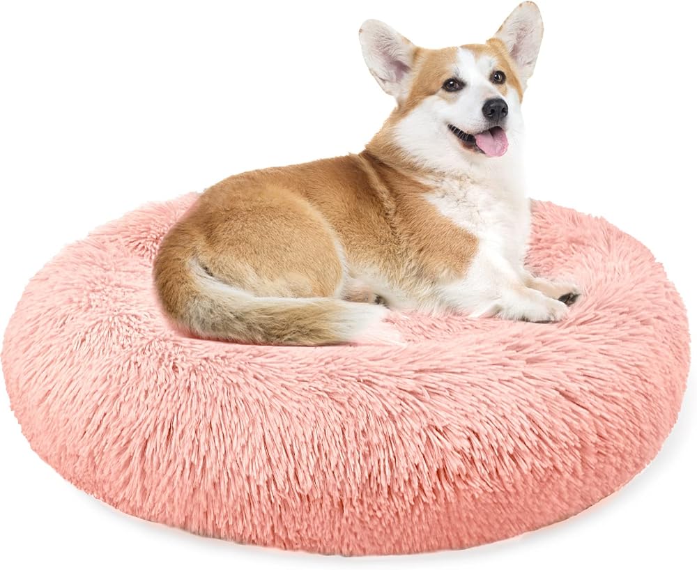Enjamoy Plush Donut Dog Bed 70cm Calming Round Soft Pink