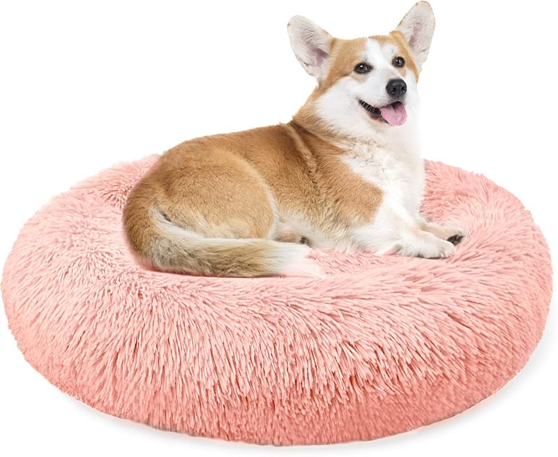 Enjamoy Plush Donut Dog Bed 70cm Calming Round Soft Pink