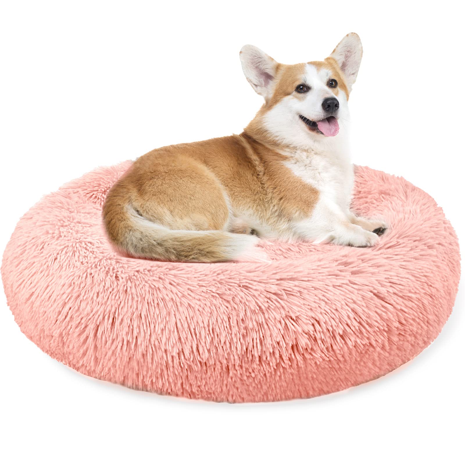 Enjamoy Plush Donut Dog Bed, Calming Round Dog Cat Bed Soft and Fluffy Cuddler Pet Cushion Self-Warming Puppy Beds Machine Washable, Pink 70cm