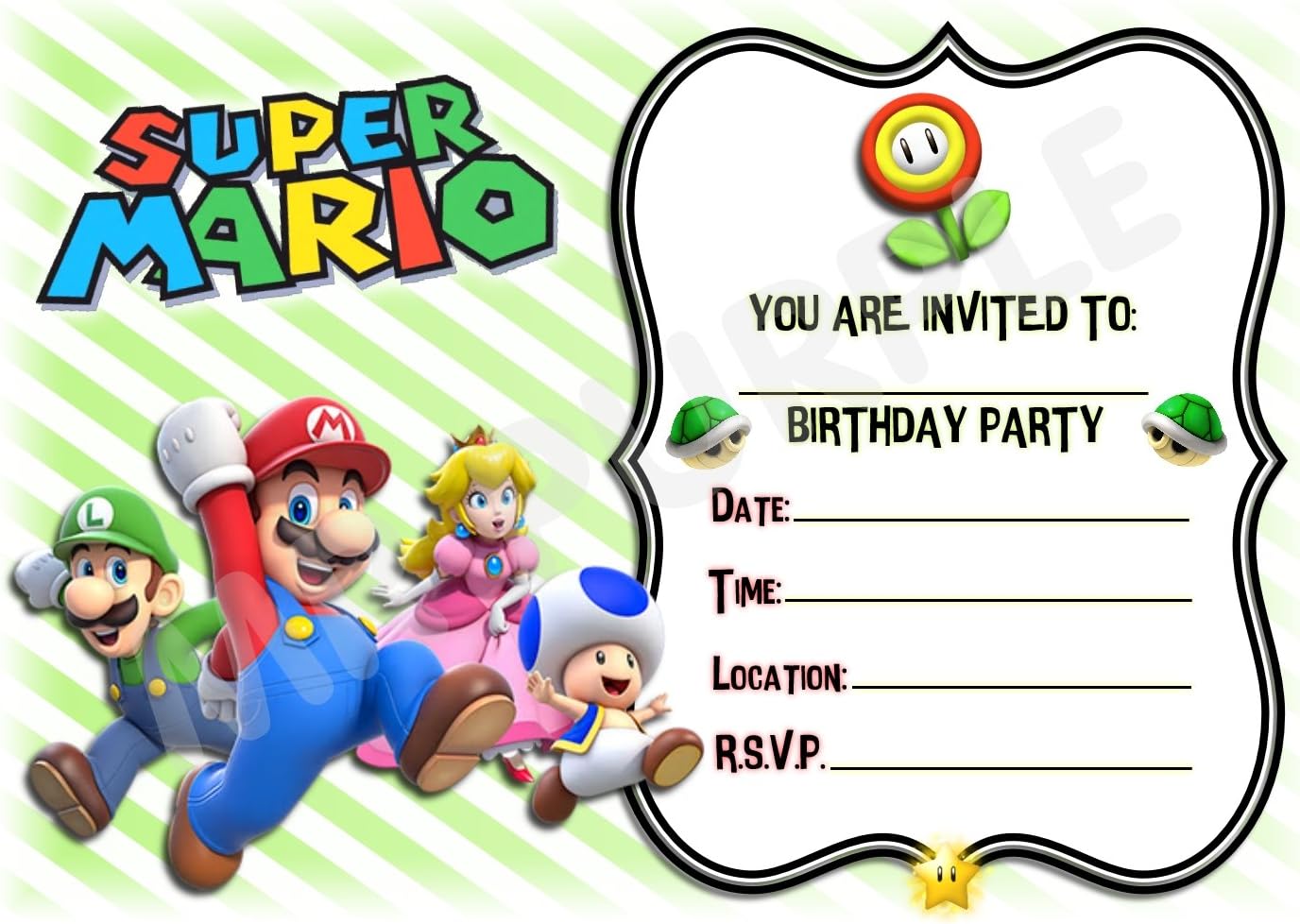 Super Mario Cast Birthday Party Invites - Landscape Striped Design - Party Supplies / Accessories (Pack of 12 A5 Invitations) (WITHOUT Envelopes)