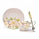Glen Mila 7-Ounce Bone China Tea Cups and Saucers Floral Teacup for Tea Party, Fine China Porcelain Coffee Cup Set for Women