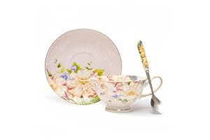 Glen Mila 7-Ounce Bone China Tea Cups and Saucers Floral Teacup for Tea Party, Fine China Porcelain Coffee Cup Set for Women