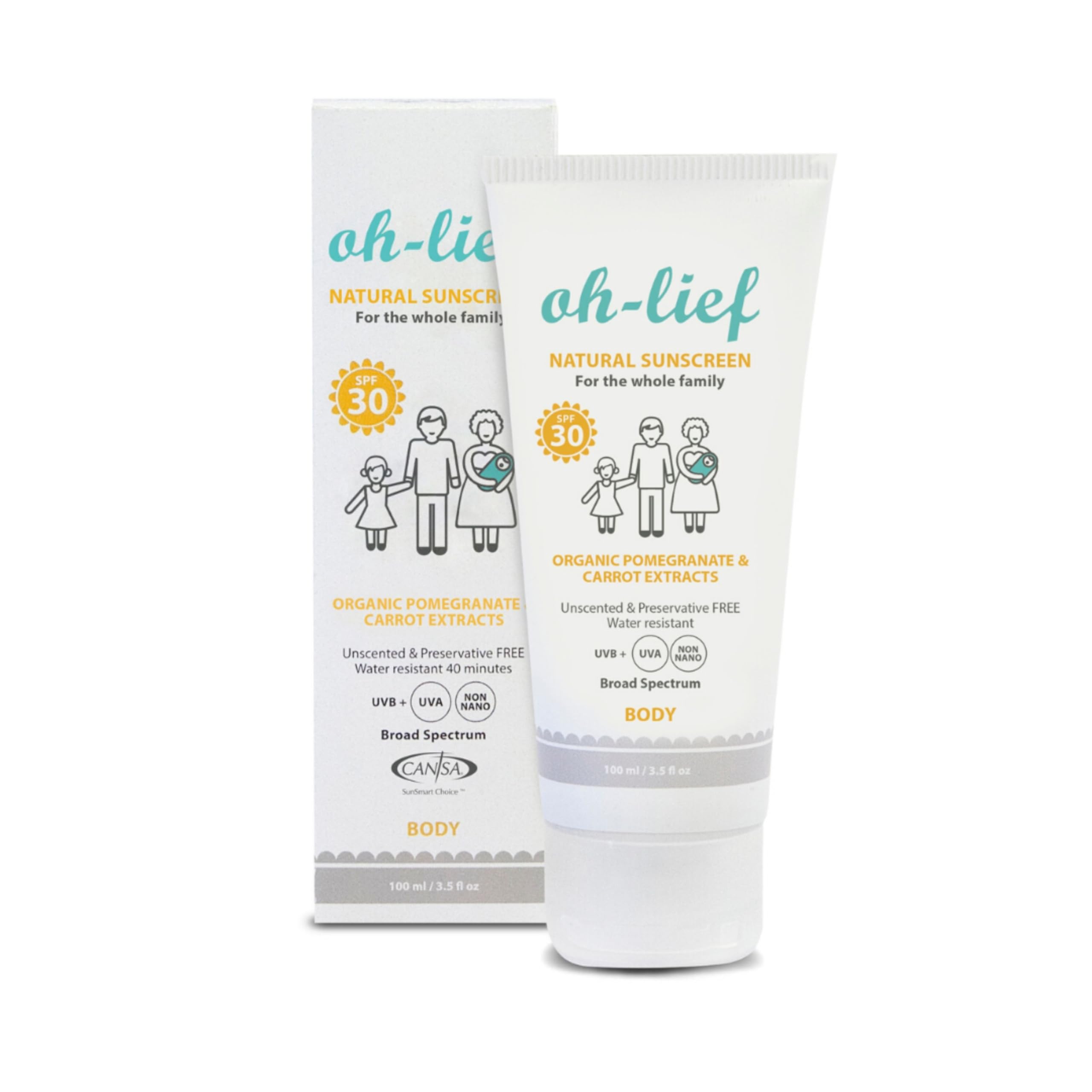 Oh-Lief Natural Body Sunscreen for the whole family 100 ml, Certified Natural & Organic, Broad-Spectrum protection UVA/UVB, water resistant, Hypoallergenic, Unscented & Preservative free