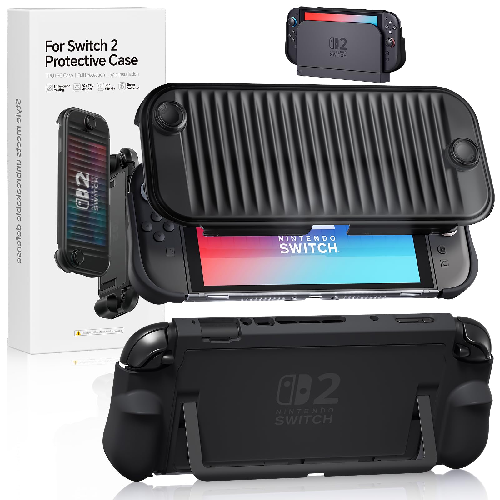 Sanyetral Dockable Case for Nintendo Switch 2 2025, Hard PC Front Cover + Clear Matte Hard Back Shell with Soft TPU Ergonomic Grip, Supports Stand Use and Charging Dock for Switch 2 -Black