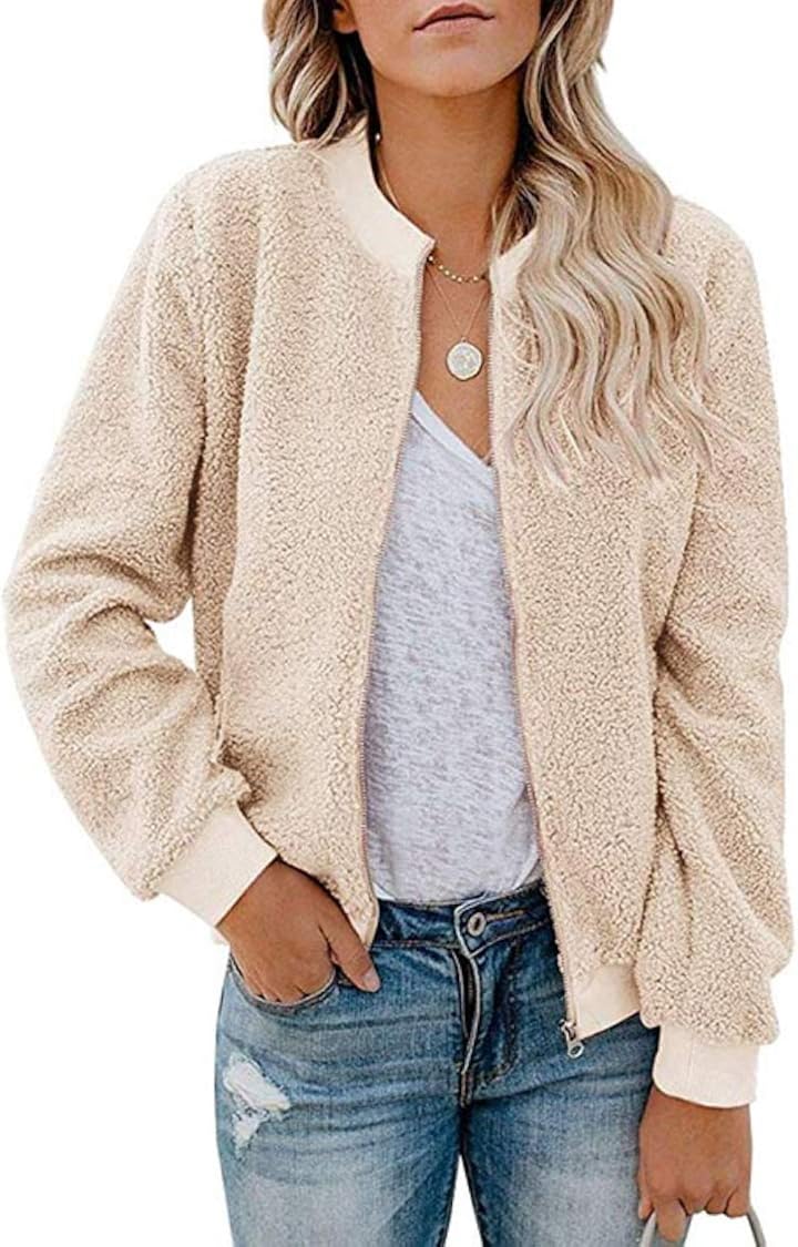 MIROL Women's Sherpa Fleece Jacket Faux Fuzzy Long Sleeve Casual Zip Up Bomber Coat with Pockets at  Women’s Clothing store