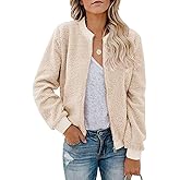MIROL Women's Fall Fleece Bomber Jacket Trendy Sherpa Winter Coat Fuzzy Casual Long Sleeve Zip Up Loose Fit Jackets